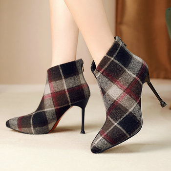 2019 Autumn Winter Women Ankle Boots Flock Leather High Heel Shoes Fashion Gingham Pointed Toe Zipper Woman Boots Red Blue